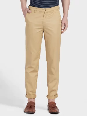 Beige Solid Flat Front Casual Trouser